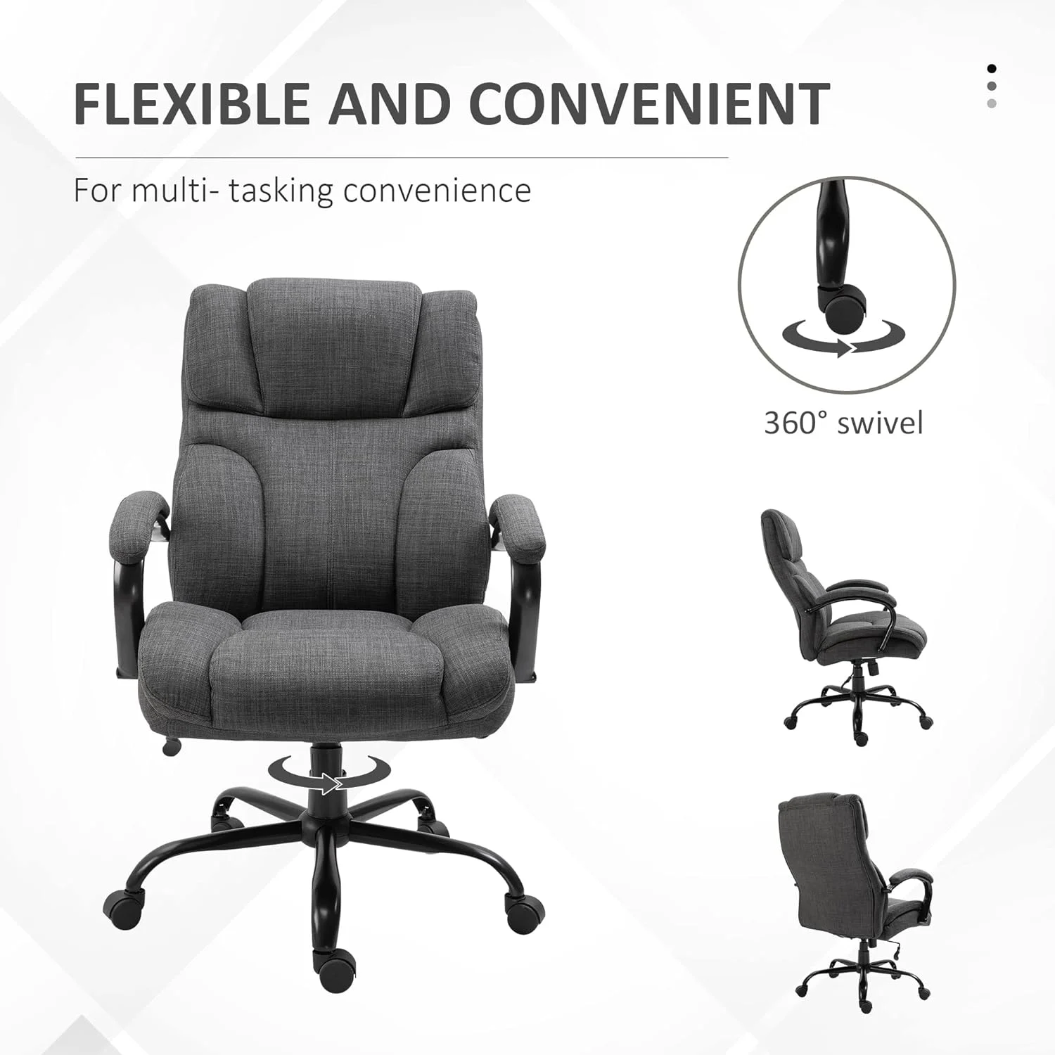 500Lbs Big And Tall Office Chair With Wide Seat, Ergonomic Executive Computer Chair With Adjustable Height, Swivel Wheels And Linen Finish, Dark Grey