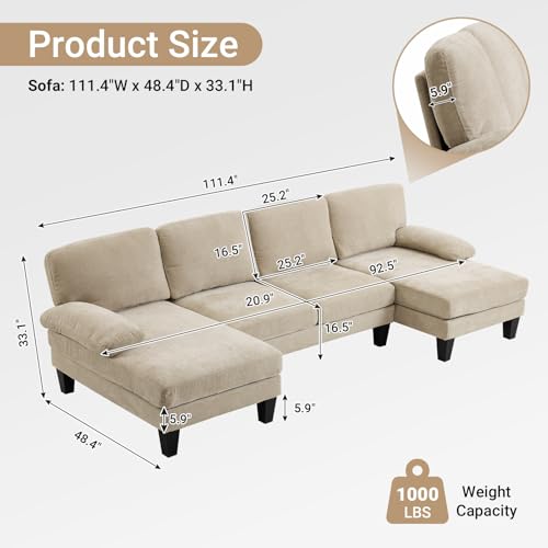 VINGLI 110" Sectional Couches for Living Room,U Shaped Couch with Double Chaise, 4-Seat Sofa Set with Chenille Fabric for Home Furniture,Forest Green