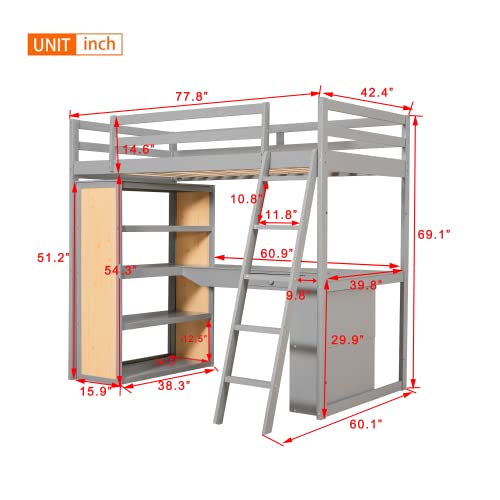 Twin Loft Bed with Staircase, Desk and Wardrobe, Wood Loft Bed with Storage Shelves and Safety Guardrail