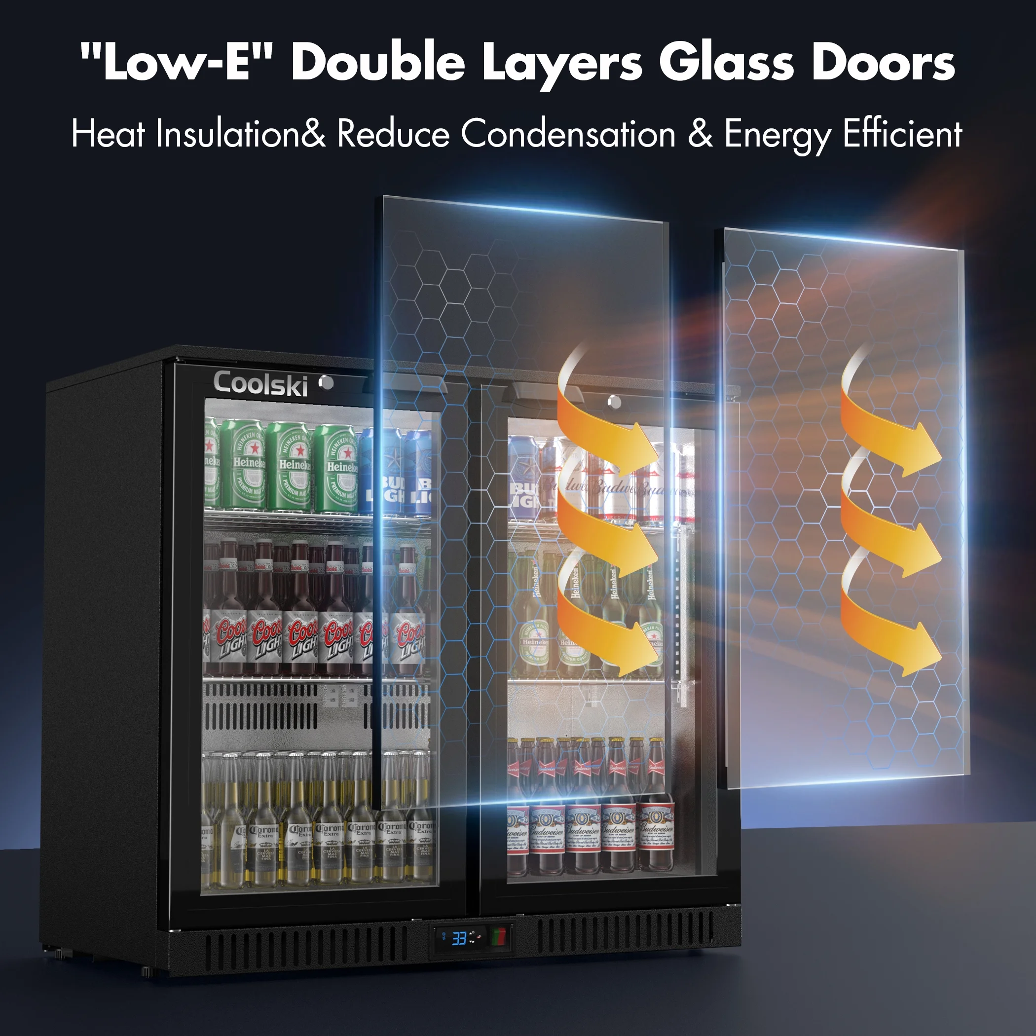 Coolski Back Bar Cooler Commercial Undercounter Refrigerator with 2 Glass Door