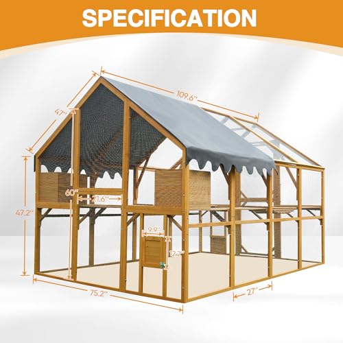 109.6'' Large Wood Chicken Coop Enclosures,Walk-in Poultry Cage