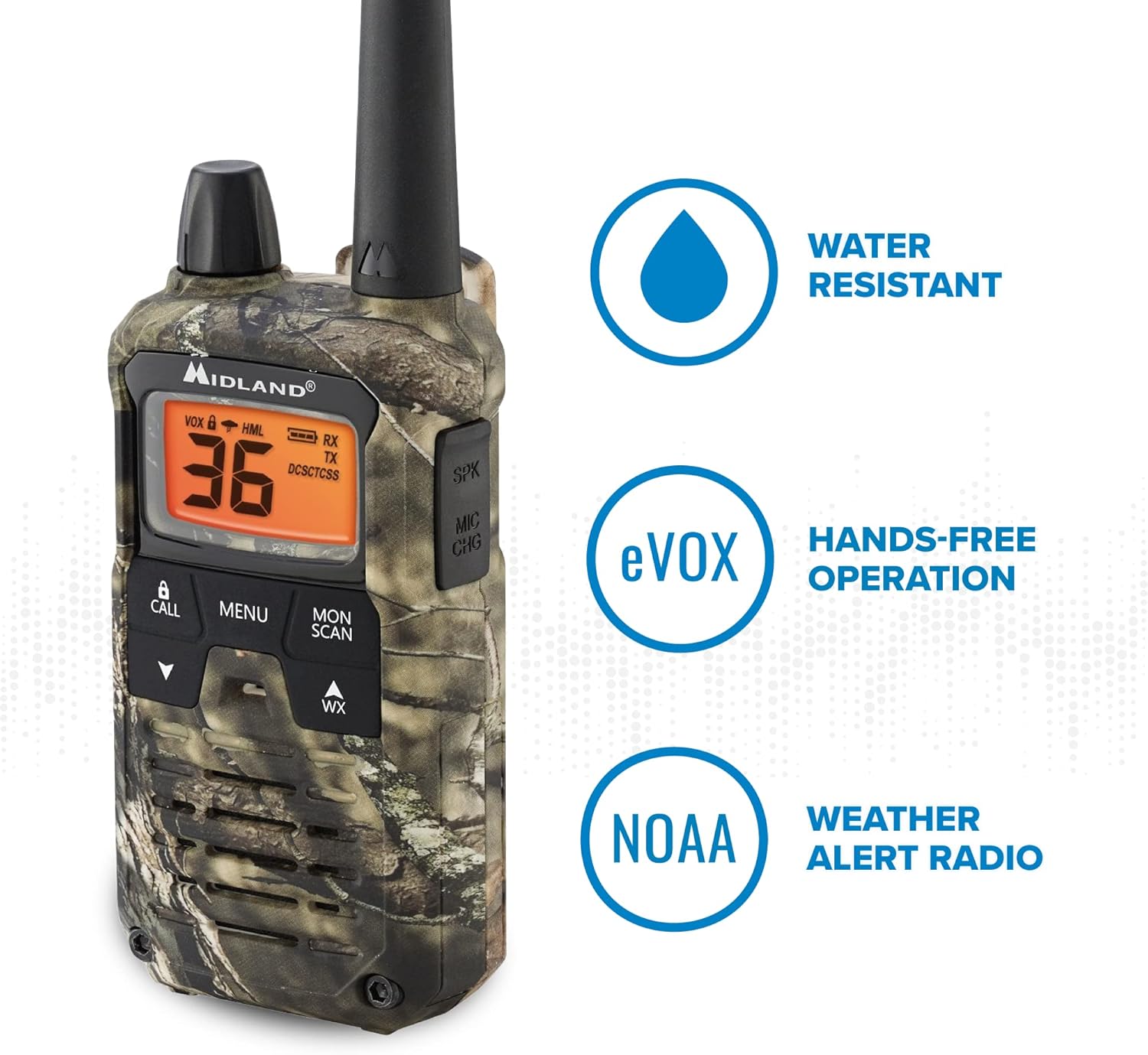 Midland T295VP4 X-TALKER GMRS Long Range Walkie Talkie - Two Way Radio with NOAA Weather Scan + Alert, and 121 Privacy Codes (Camo, 2 Radios)