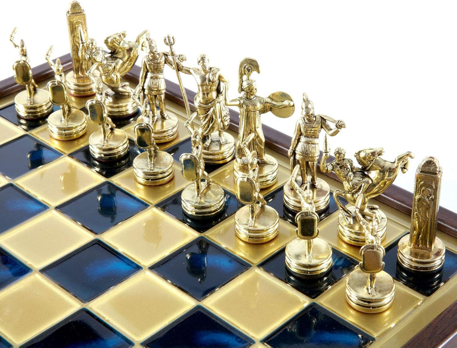 Manopoulos Greek Mythology Chess Set - Brass&Nickel - Wooden case Blue Board