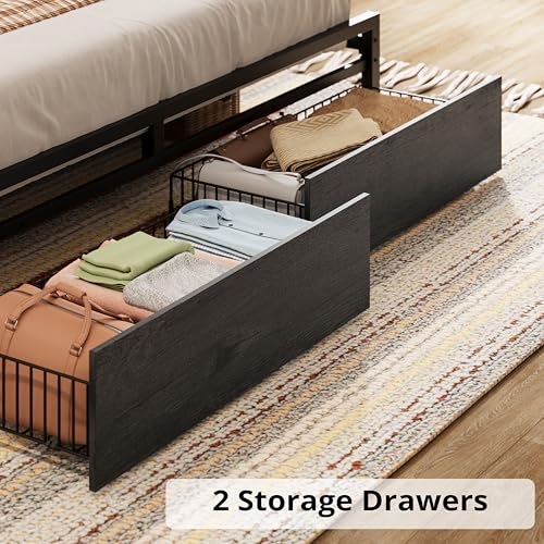 LIKIMIO King Bed Frame with Storage Headboard, Platform Bed with Drawers and Charging Station, No Box Spring Needed, Easy Assembly, Vintage Brown