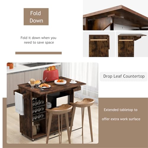 Rolling Kitchen Island with Drop Leaf & Power Outlet, Microwave Cart with Storage Cabinet, Drawer, Wine & Cup Holder, Spice & Towel Rack