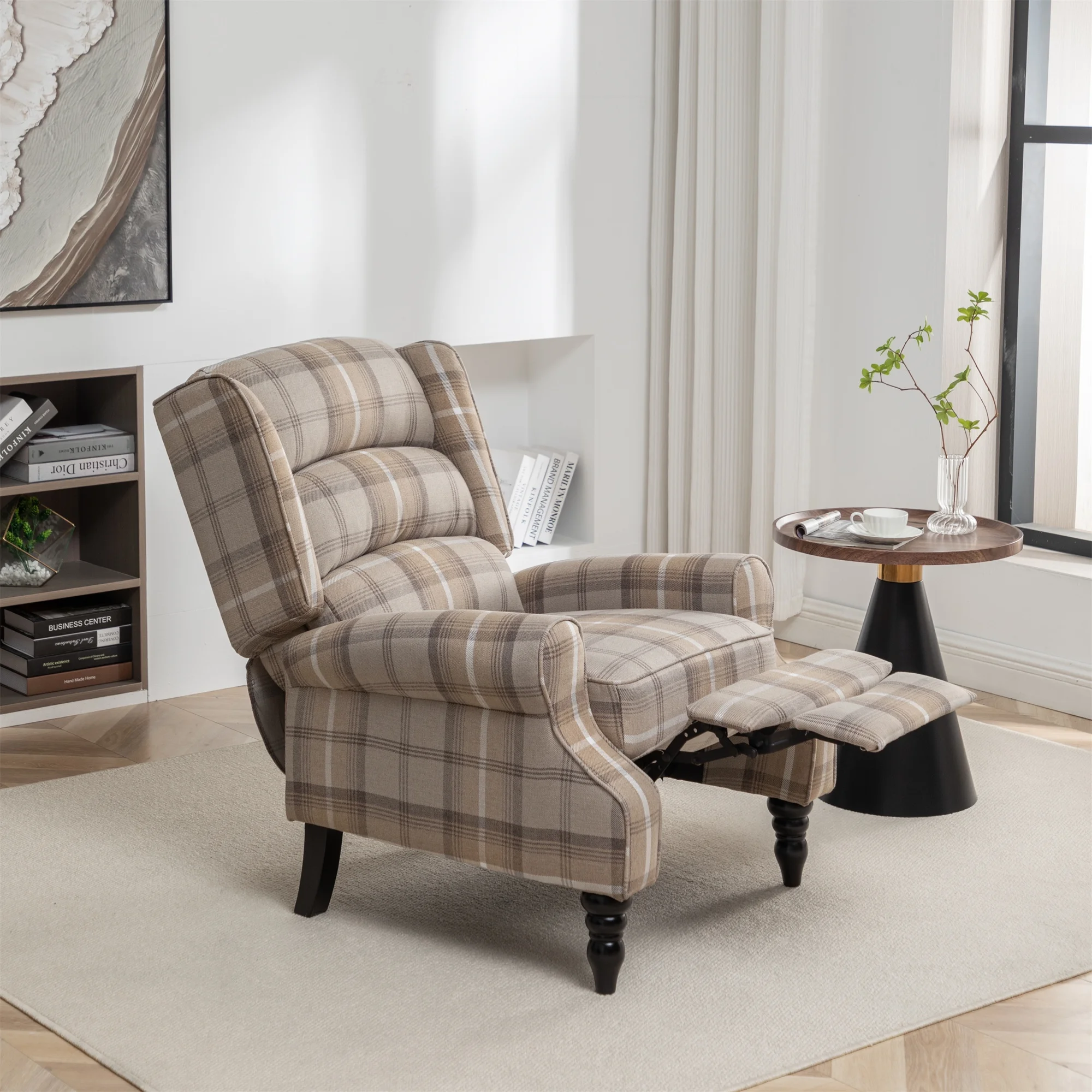 Upholstered Wingback Recliner Chair, Plaid Recliner Chair Armchair Adjustable Footrest Push Back Reclining Sofa