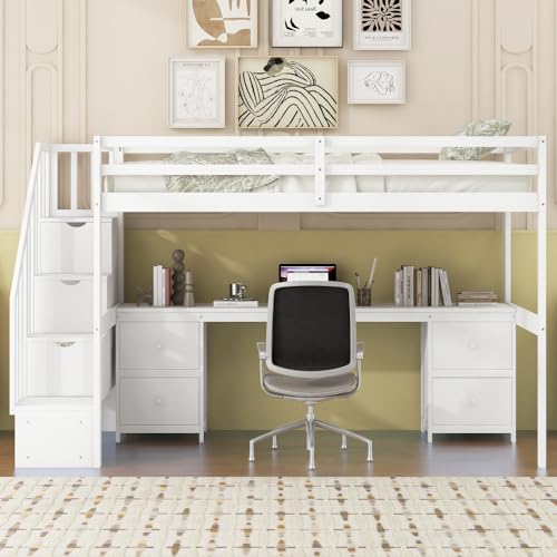 Loft Bed Twin Size, Twin Loft Bed with Desk and 2 Drawers, Storage Stairs, High Guardrail, Pine Frame, Space Saving, Wood Loft Bed for Bedroom (Gray)