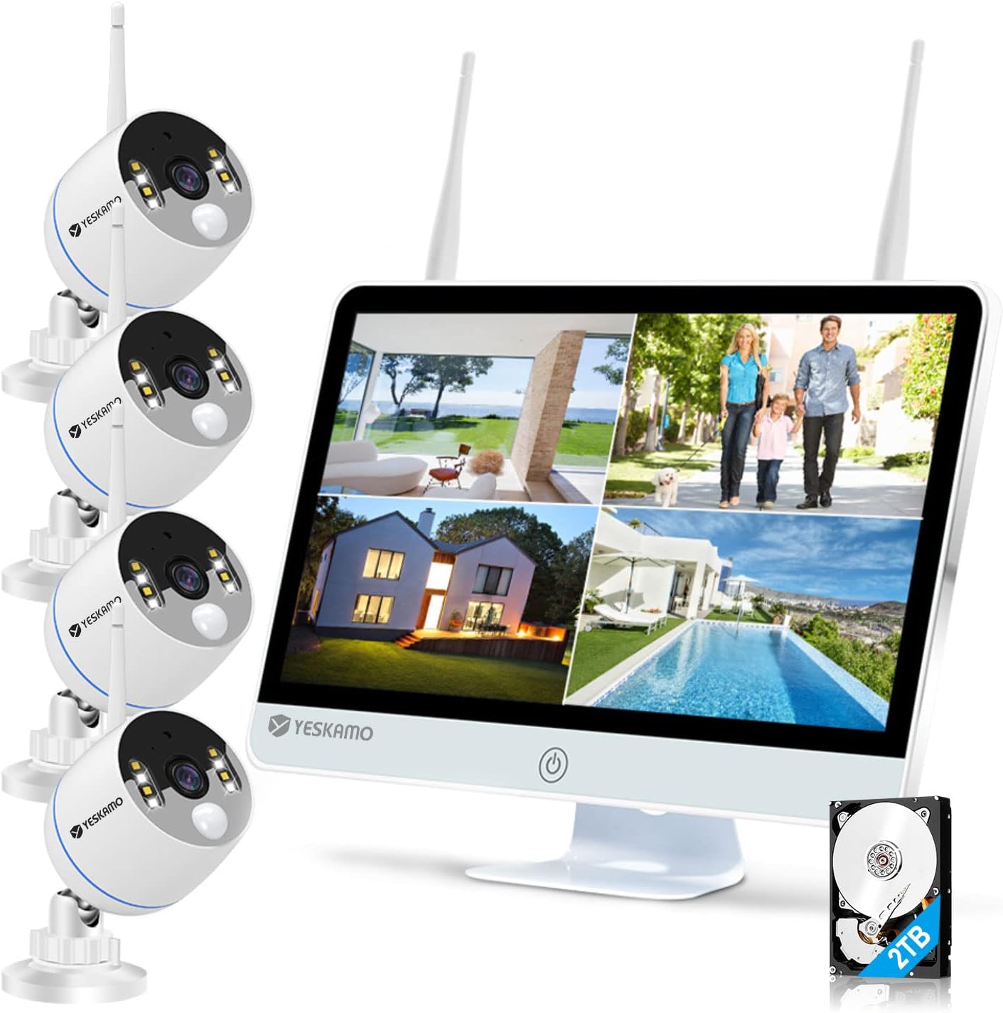 YESKAMO Long Range Wireless Outdoor Home Security Camera System with 16inch 1080p IPS Monitor 2TB Hard Drive [Floodlight & Audio] 3MP Spotlight IP