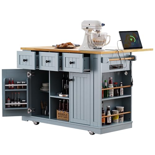 Farmhouse Kitchen Island with Power Outlet, Drop Leaf, Spice Rack and Drawer,Rolling Kitchen Cart on Wheels