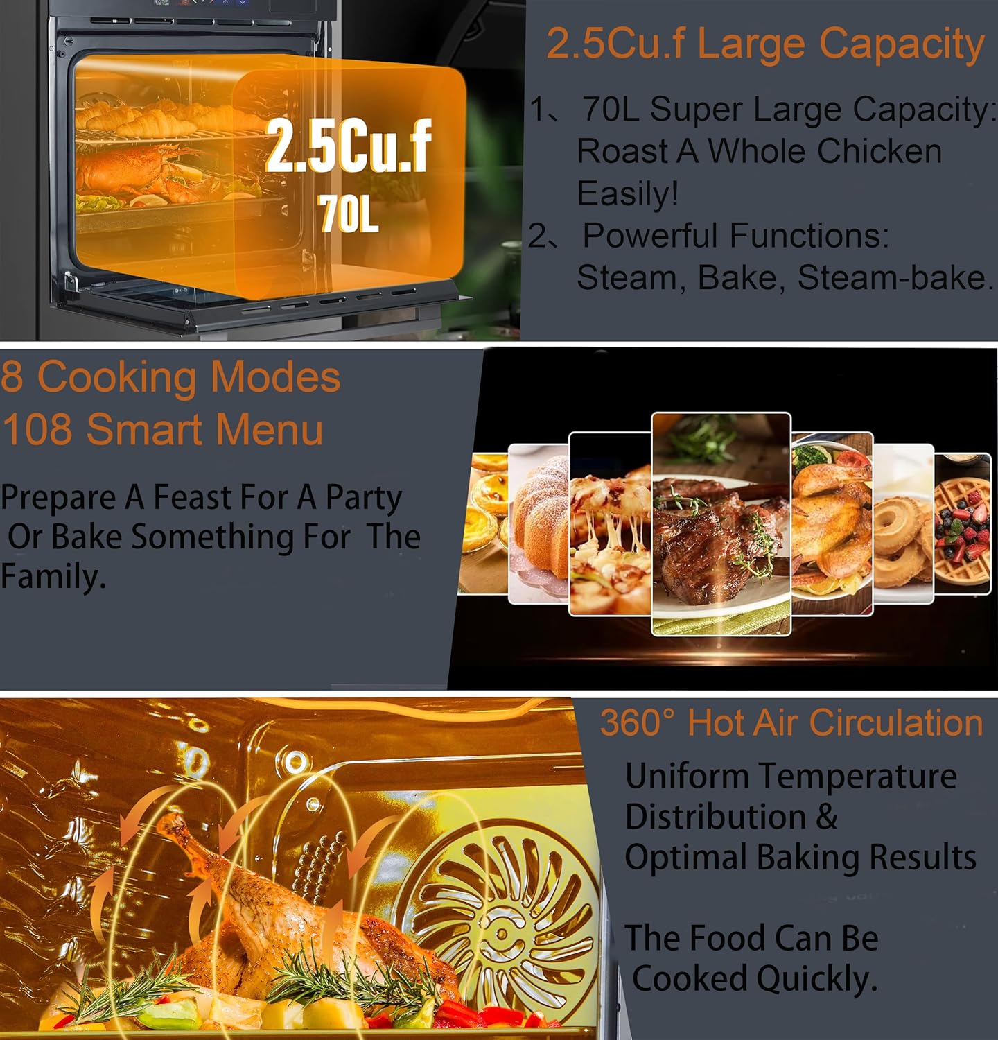 Single Wall Oven, 24" Built-in Electric Ovens with 8 Functions, 70L Smart Oven with with LED Display, Air Fryer Combo Convection Oven