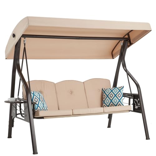 3-Seat Outdoor Porch Swing with Stand, Patio Swing with Canopy
