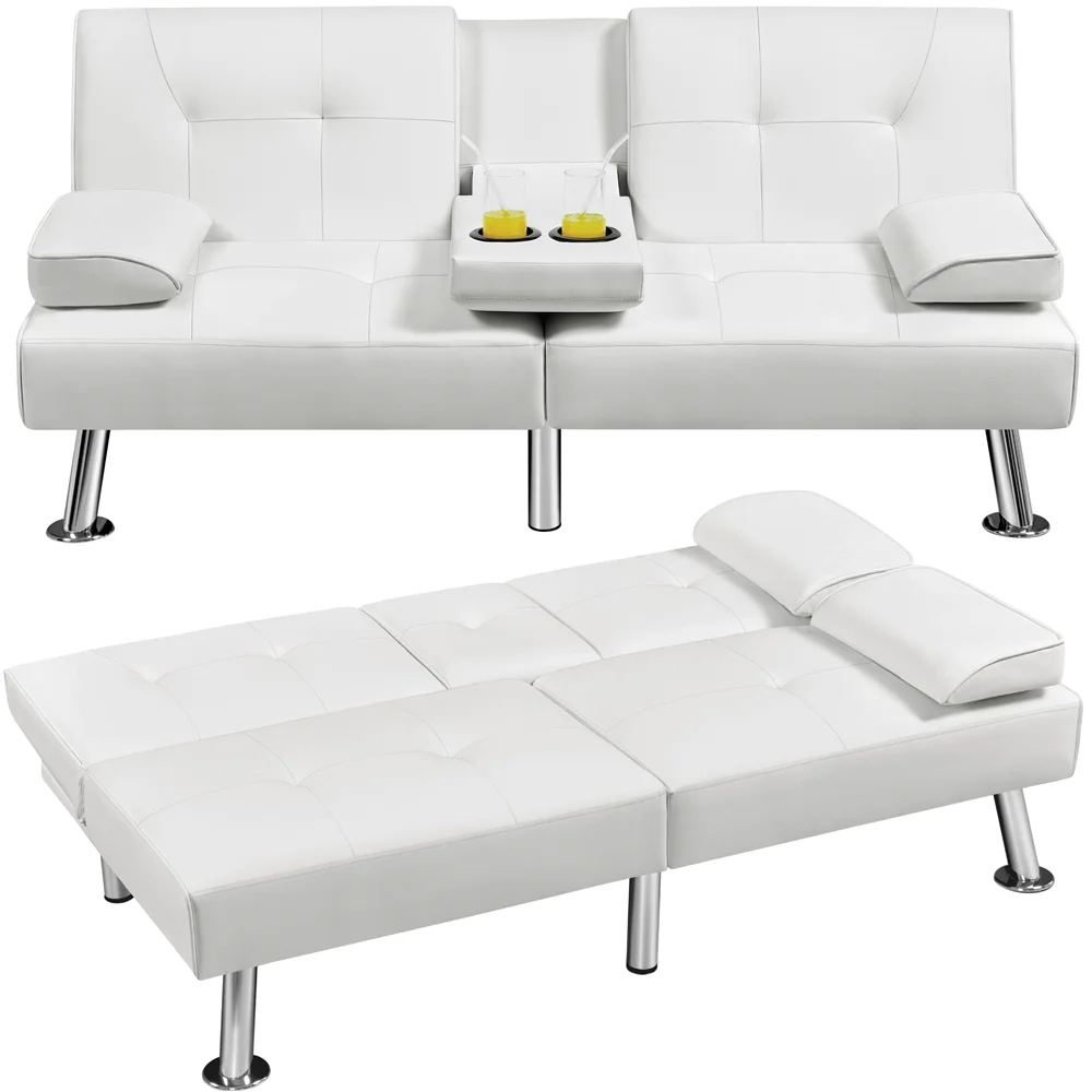 Easyfashion Modern Faux Leather Futon Sofa Bed Convertible Folding Couch with Cup Holders,White