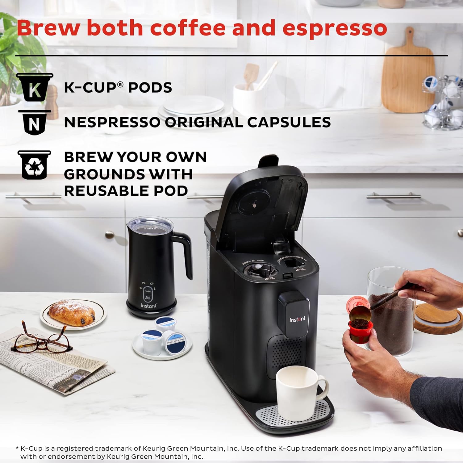 Instant Pot Pod, 3-in-1 Espresso, K-Cup Pod and Ground Coffee Maker, From the Makers of Instant Pot with Reusable Coffee Pod for Ground Coffee