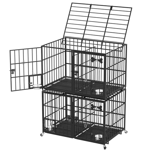 aboxoo 42/48 inch Heavy Duty Metal Dog Crate for 2 Dogs/Large Dog,All Metal Open Top,Dog Kennel Indoor with Wheels,Floor Grid, Tray