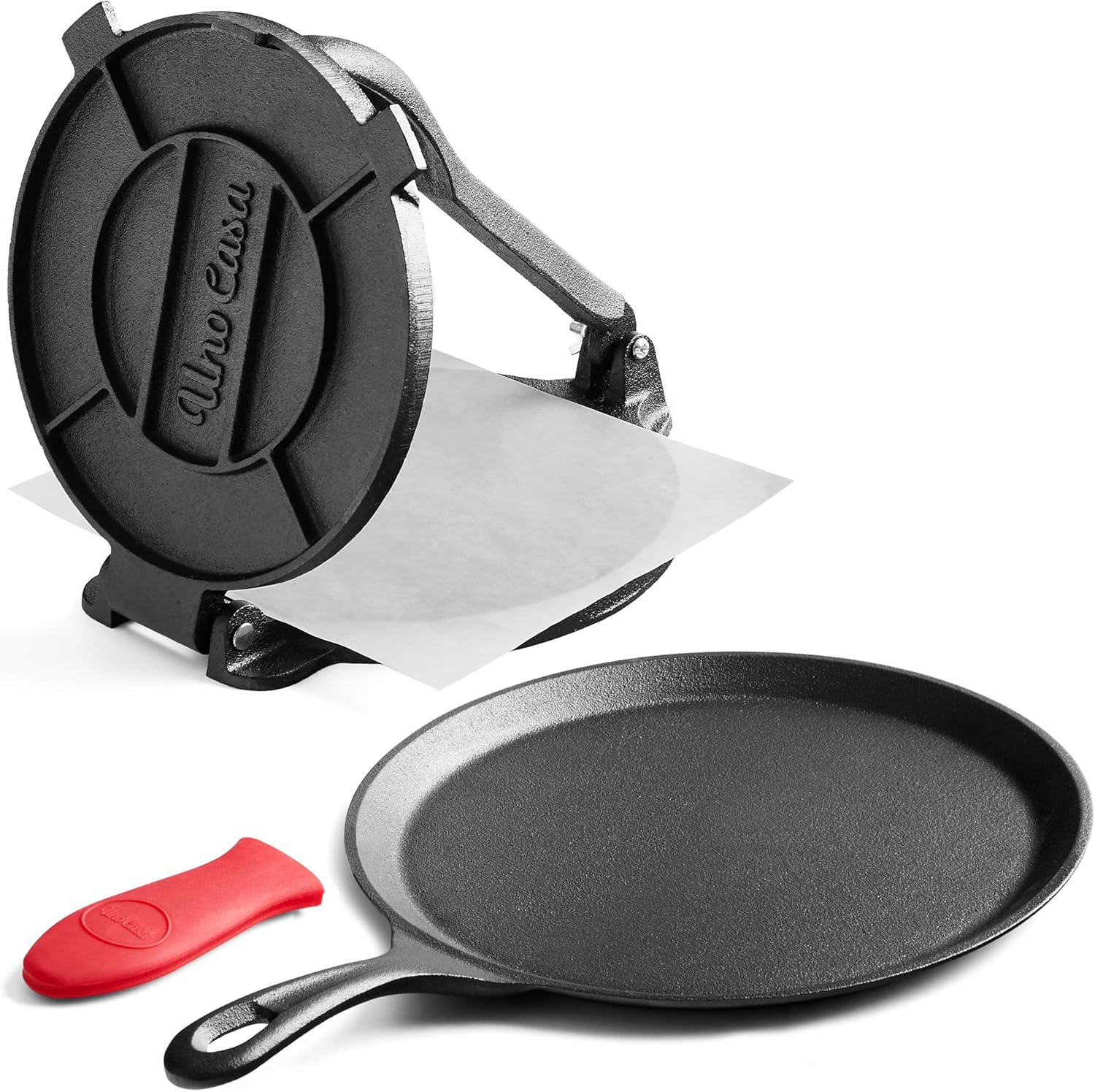Uno Casa Cast Iron Tortilla Press 8 Inch with Cast Iron Comal Pan - Bundle of Tortilla Pan for Roti, Tawa