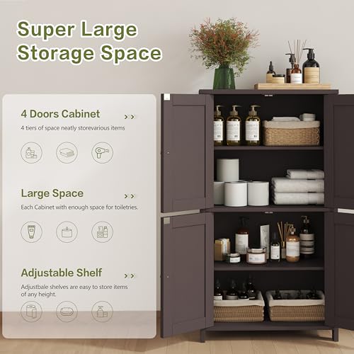 Nuturelly Freestanding Pantry Cabinets, Kitchen Floor Storage Cabinet with 4 Doors & 3 Adjustable Heights