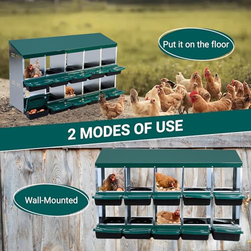 Chicken Nesting Box, 10 Hole 2 Layer Hen Nest Box with Legs, Roll Away Eggs Laying Boxes,Cleanable Pull Out Hen Roosting Boxes