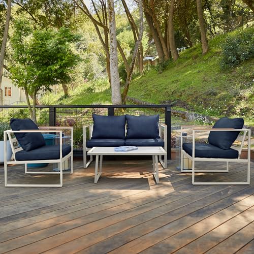 EAST OAK Courtyard Patio Furniture Set, 4-Piece Outdoor Patio Set with Sofa, Removable & Washable Deep Seating Cushion, Tempered Glass Table