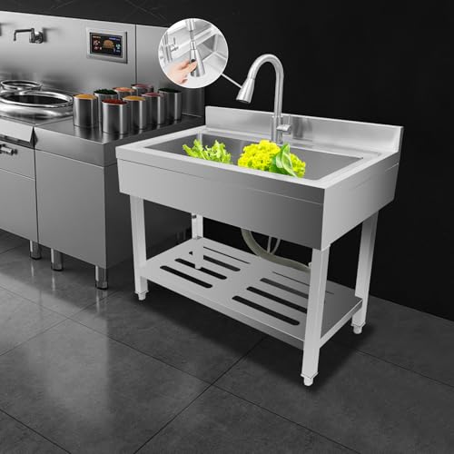 Stainless Steel Kitchen Sink 50L Freestanding Single Bowl Utility Sink with Cold and Hot Water Pipe and Pull-Out Faucet Utility Washing Hand Basin
