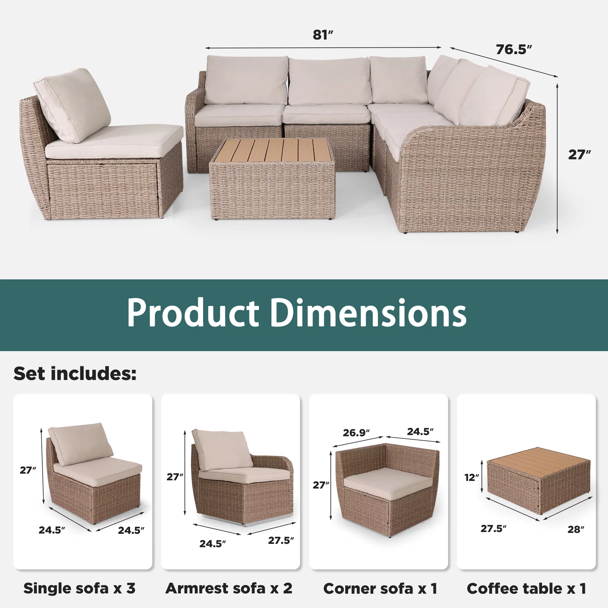 Homrest 7 Pcs Patio Furniture Set, Half-Round Rattan Outdoor Furniture with Cushion and Table, Khaki