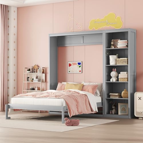 Harper & Bright Designs Full Size Murphy Bed Wall Bed with Storage Shelves, Drawers and LED Lights