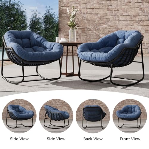 Outdoor Indoor Rocking Chair, Patio Wicker Egg Chair, Indoor & Outdoor Comfy Oversized Papasan Chair with Padded Cushion