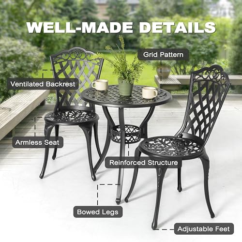 NUU GARDEN 3 Piece Bistro Set Outdoor, All Weather Cast Aluminum Patio Bistro Sets Patio Table and Chairs Set of 2 with Umbrella Hole for Yard