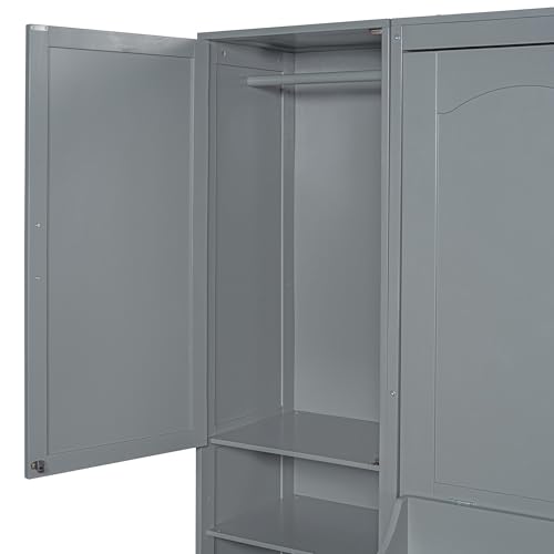 Queen Size Murphy Bed Wall Bed with Desk and Closet,Drawers and Shelves,for Small Spaces Studio Study Office Guest Room Use (Gray#Desk, Queen)