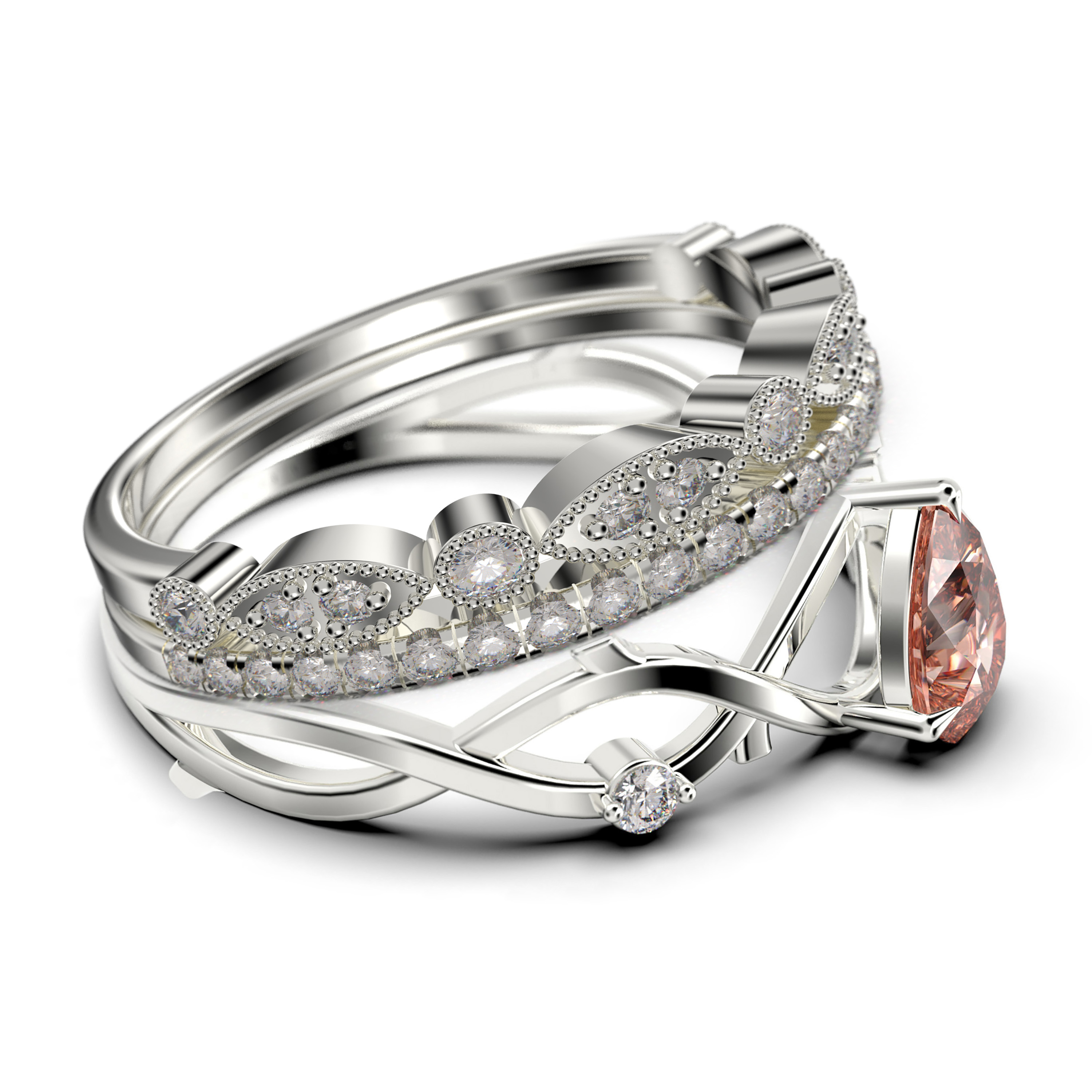 Boho & hippie 2.10 Carat Pear Cut Morganite And Diamond Moissanite Unique Engagement Ring, Wedding Ring