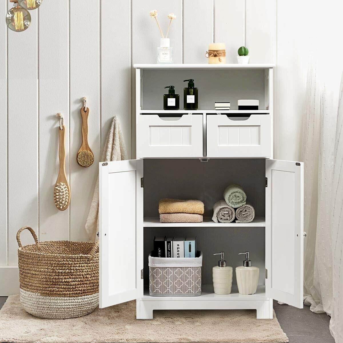 Elegant Design Multifunction Freestanding Bathroom Floor Cupboard Cabinet Storage Organize with 2 Drawer Adjustable 2 Doors Sturdy Durable for Toilet