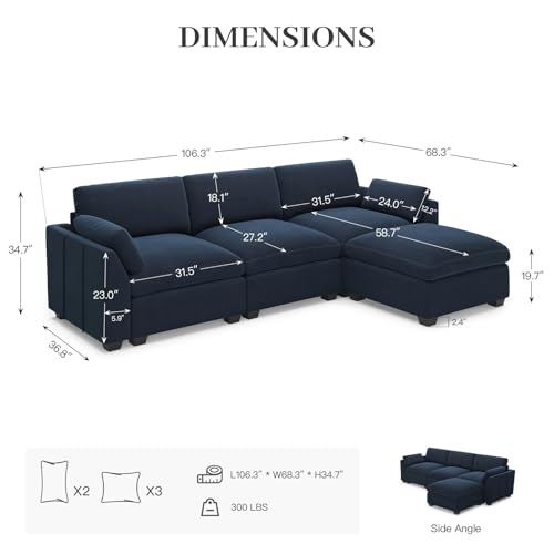 Belffin Extra Large Modular Sectional Sofa,106.3" 4-Seater L Shaped Couch,Velvet Convertible Sectional Couches for Living Room