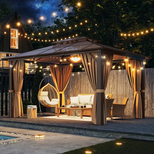 Aoxun 12'x10' Hardtop Gazebo, Aluminum Frame Permanent Pavilion with Curtains and Netting, Outdoor Polycarbonate Double Roof Canopy