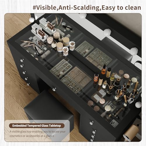 Vanity Desk & Power Outl, Makeup Vanity with Mirror and 12 LED Lights, Makeup Table with 11 Drawers, Vanity Table with Chair
