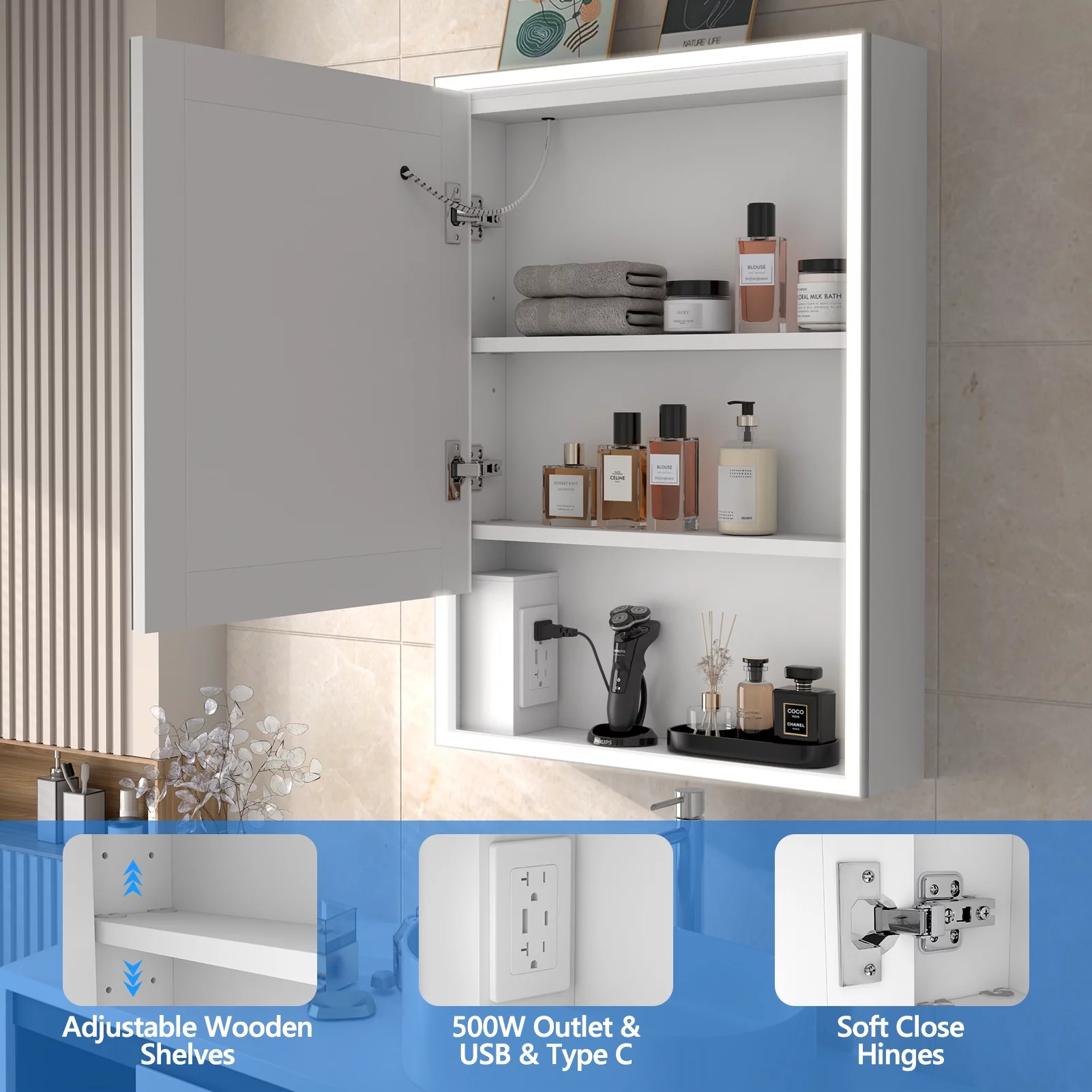 LALAHOO Bathroom Medicine Cabinet with 3-Color Mode Led Lights 28 x 20 Inch Recessed Medicine Cabinet or Surface Mount Medicine Cabinet with Socket