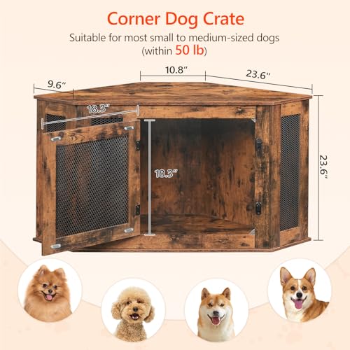 Corner Dog Crate Furniture, Wooden Dog Kennel End Table, Decorative Pet Crate Indoor Use, Furniture Style Dog House for Small Medium Dog