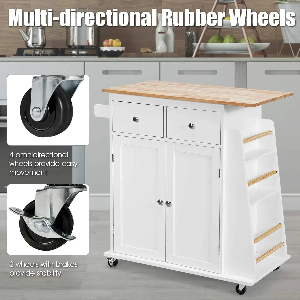 AUGESTER Kitchen Utility Cart, Multifunctional Wooden Trolley with Rollers, Kitchen Storage Trolley with Cabinet, Towel Rack, 2 Drawers