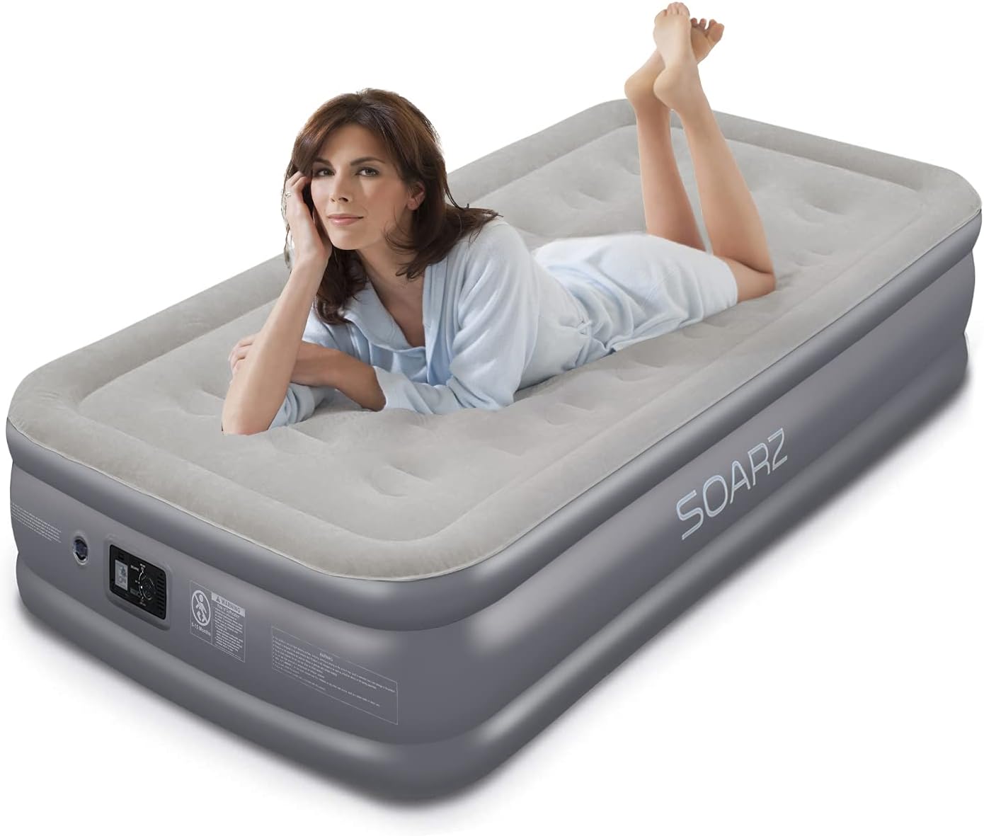 SOARZ Air Mattress Queen with Built-in Pump, Upgraded Double High Luxury Flocked Top Airbed for Home Camping Travel and Indoor Use