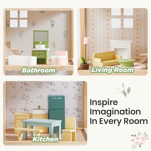 Tiny Land Wooden Dollhouse for Girls - 6 Rooms Wooden Doll House, DIY Pretend Doll House with 31Pcs Furniture Accessories