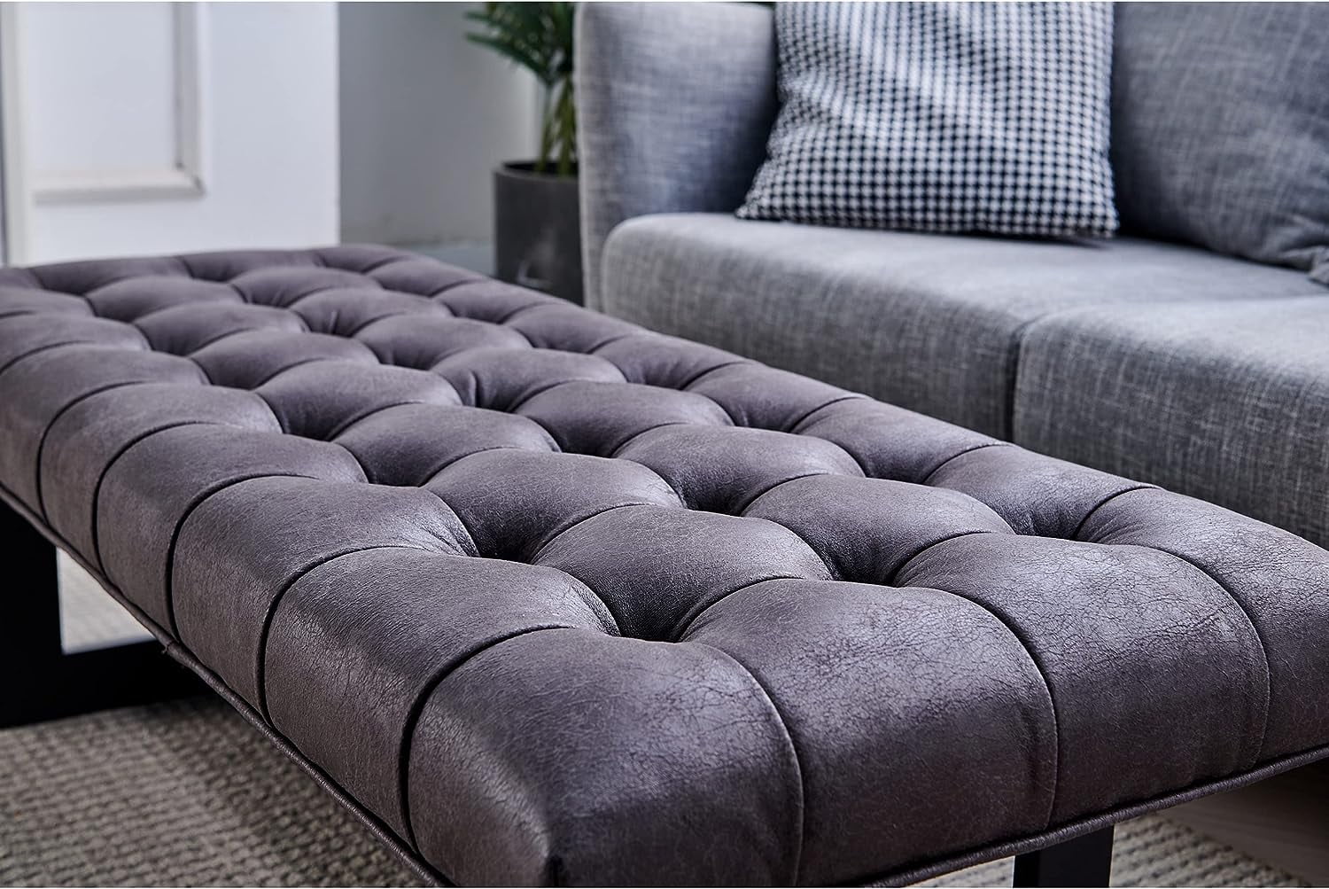 Nathaniel Home Button-Tufted Kids Ottoman, Upholstered Bedroom Benches, Vegan Leather Footrest Stool Accent Bench