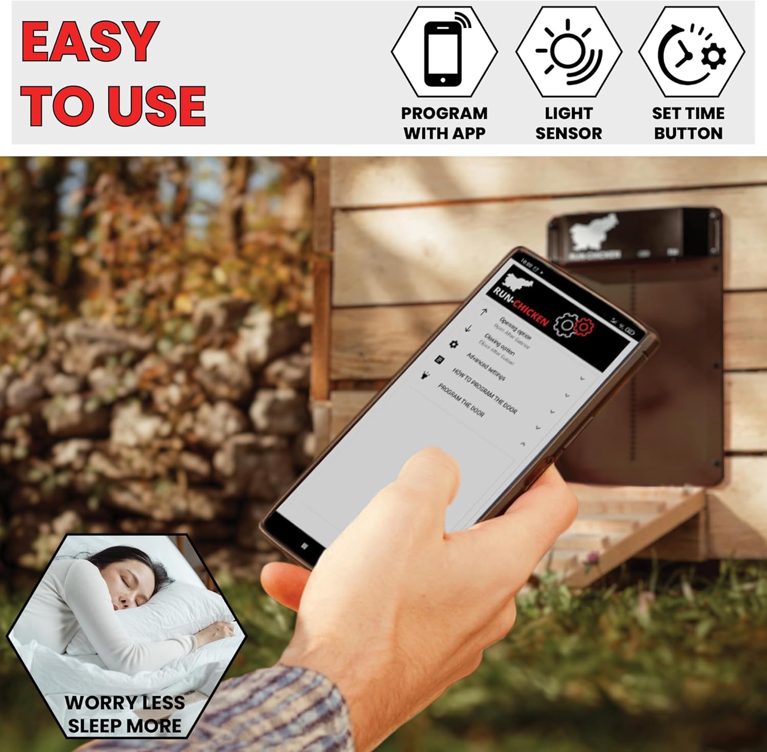 RUN-CHICKEN Door (Brown) Automatic Chicken Coop Door, Programmable with App, Battery Operated, Evening and Morning Delay, Aluminum Door
