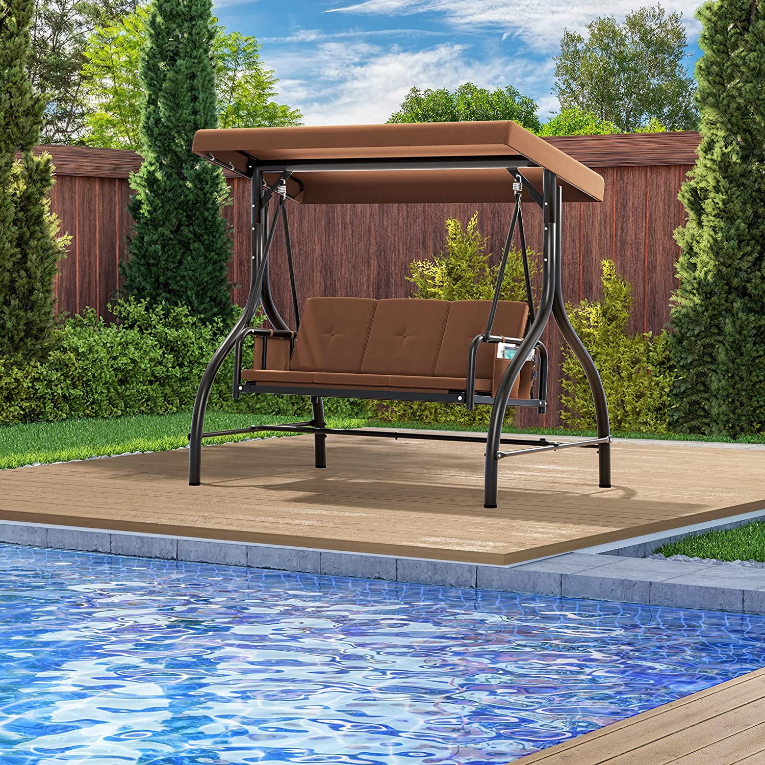 Dextrus Porch Swing Bed 3-Seats Outdoor Patio Swing Heavy Duty Swing Chair with Adjustable Canopy Removable Cushion, Suitable for Adult in Garden