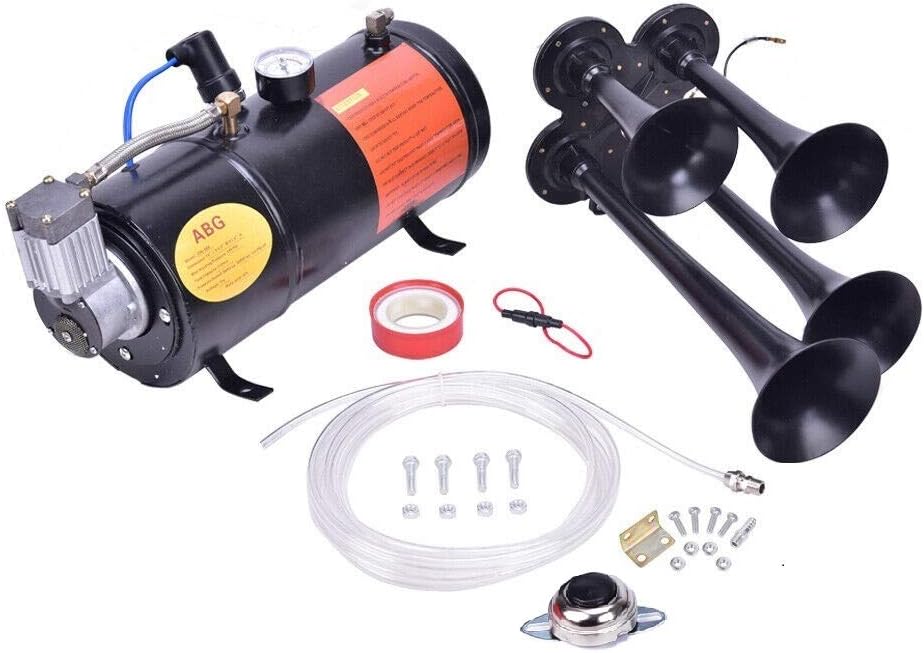 150DB Train Air Horn Kit, 4 Trumpet Loud Train Horns Kit for 150 PSI 12V Air Compressor 1.59 Gallon for Trucks, Cars