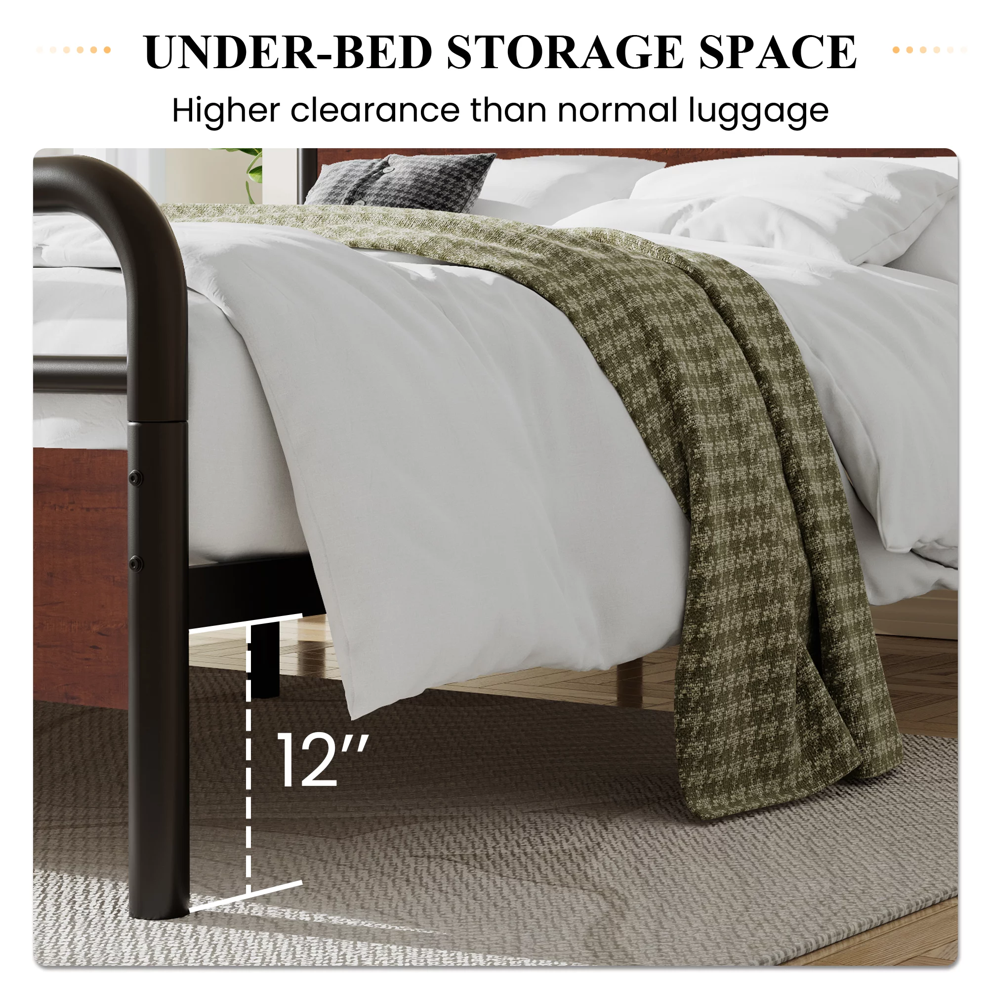 Sha Cerlin Dark Brown Queen Size Metal Platform Bed Frame with Industrial Heavy Duty Wooden Headboard