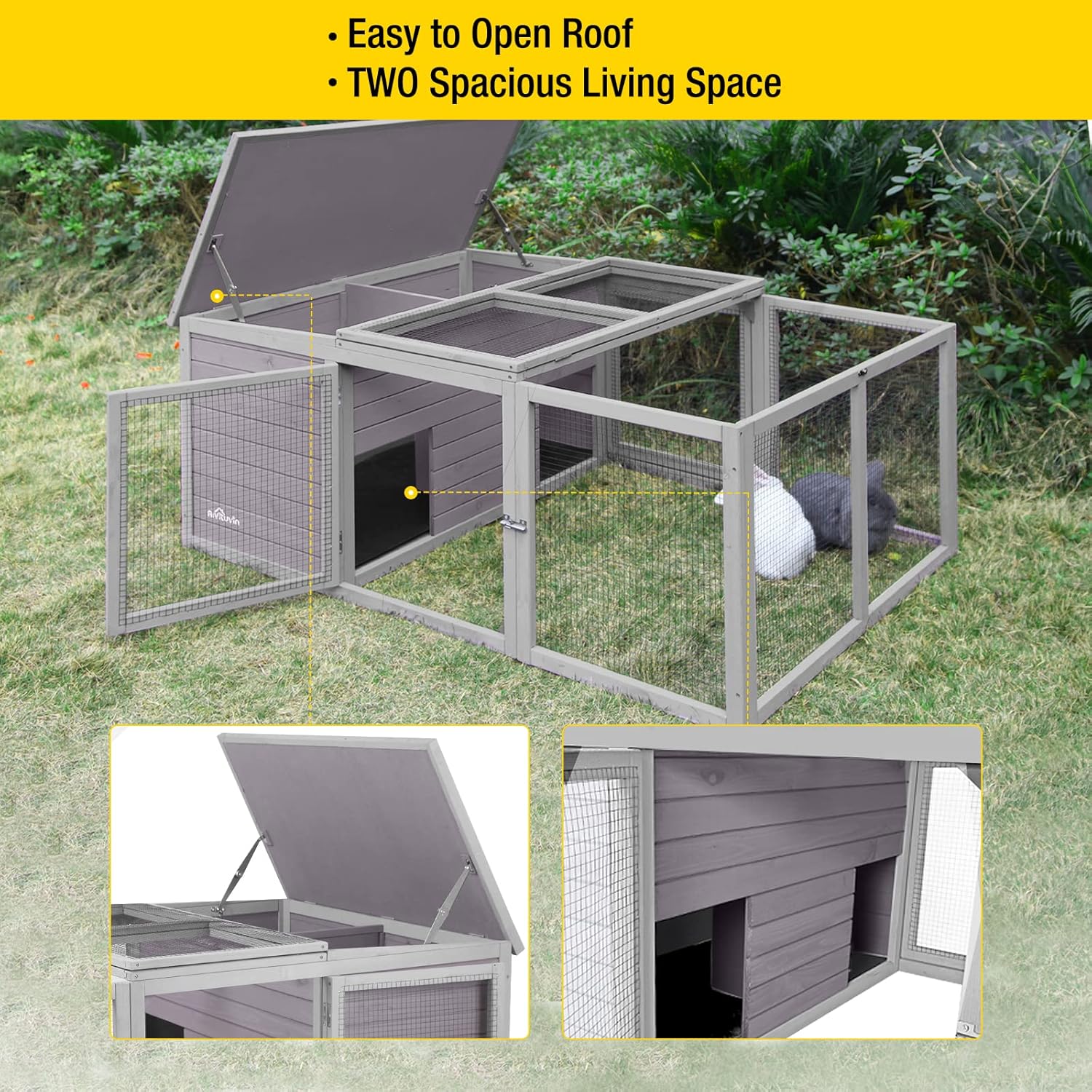 Aivituvin Rabbit Hutch Outdoor Large, Bunny Cage Indoor for 2 Rabbits