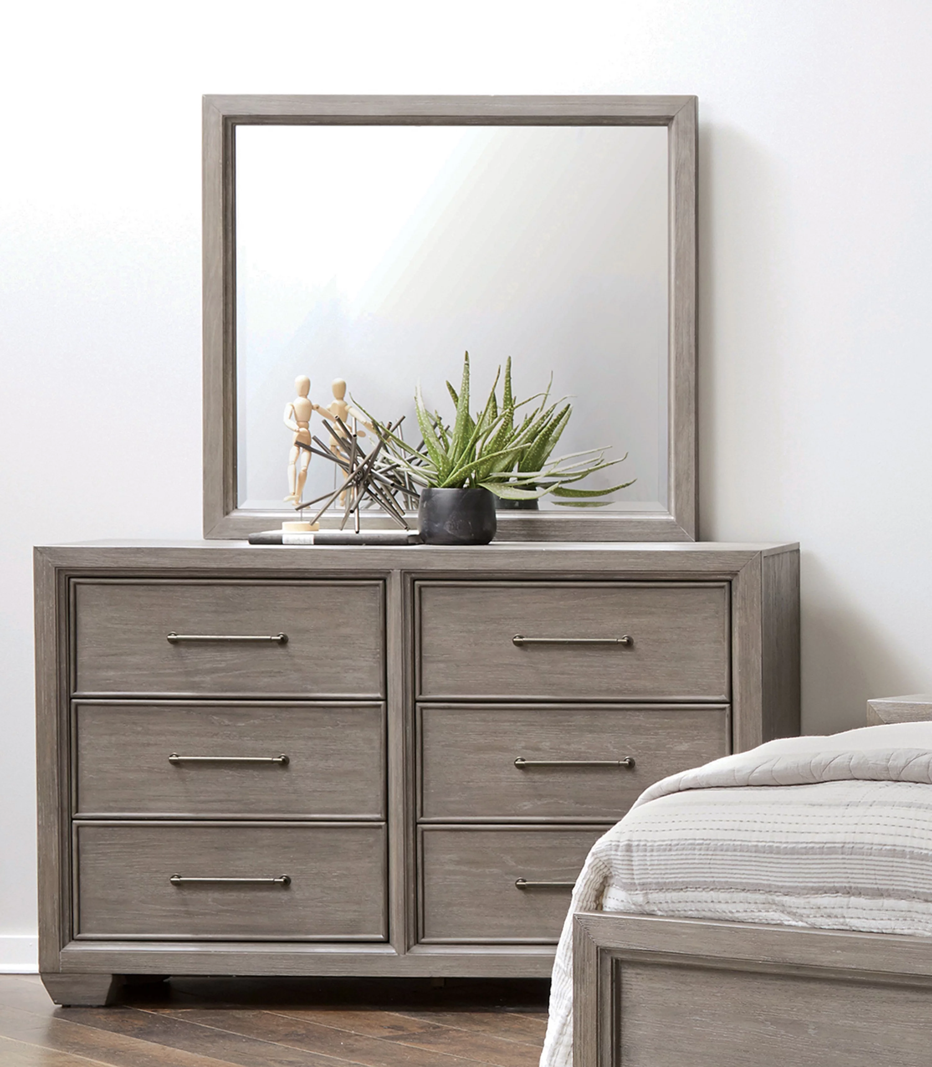 Ennesley Gray Wood Bedroom Set with Upholstered Panel Queen Bed, Dresser, Mirror, 2 Nightstand, and Chest