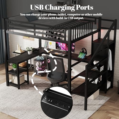 Full Size Loft Bed with Desk and Stairs, Heavy-Duty Steel Loft Bed Frame with Wardrobe & LED Light