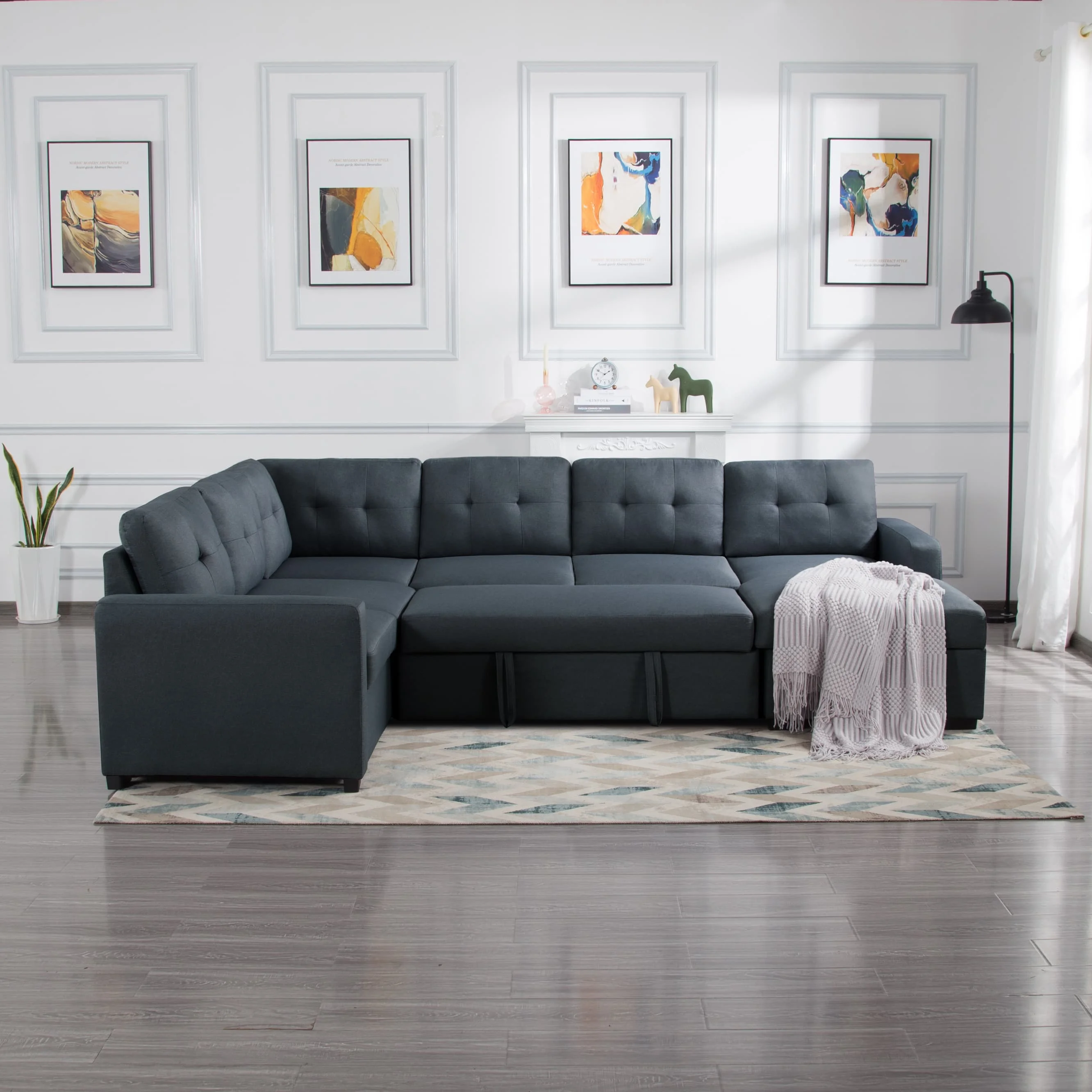 BSHTI114.2 U-Shape Sectional Sleeper sofa. Pull-out sofa bed with storage chaise lounge. can be easily converted into a full size bed by pulling out