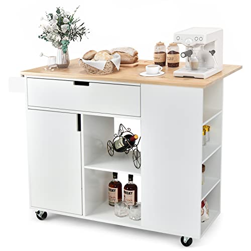 LOKO Kitchen Island with Drop Leaf, Rolling Kitchen Storage Cart with Drawer, Cabinet, 6 Open Shelves, Spice Rack & Towel Bar