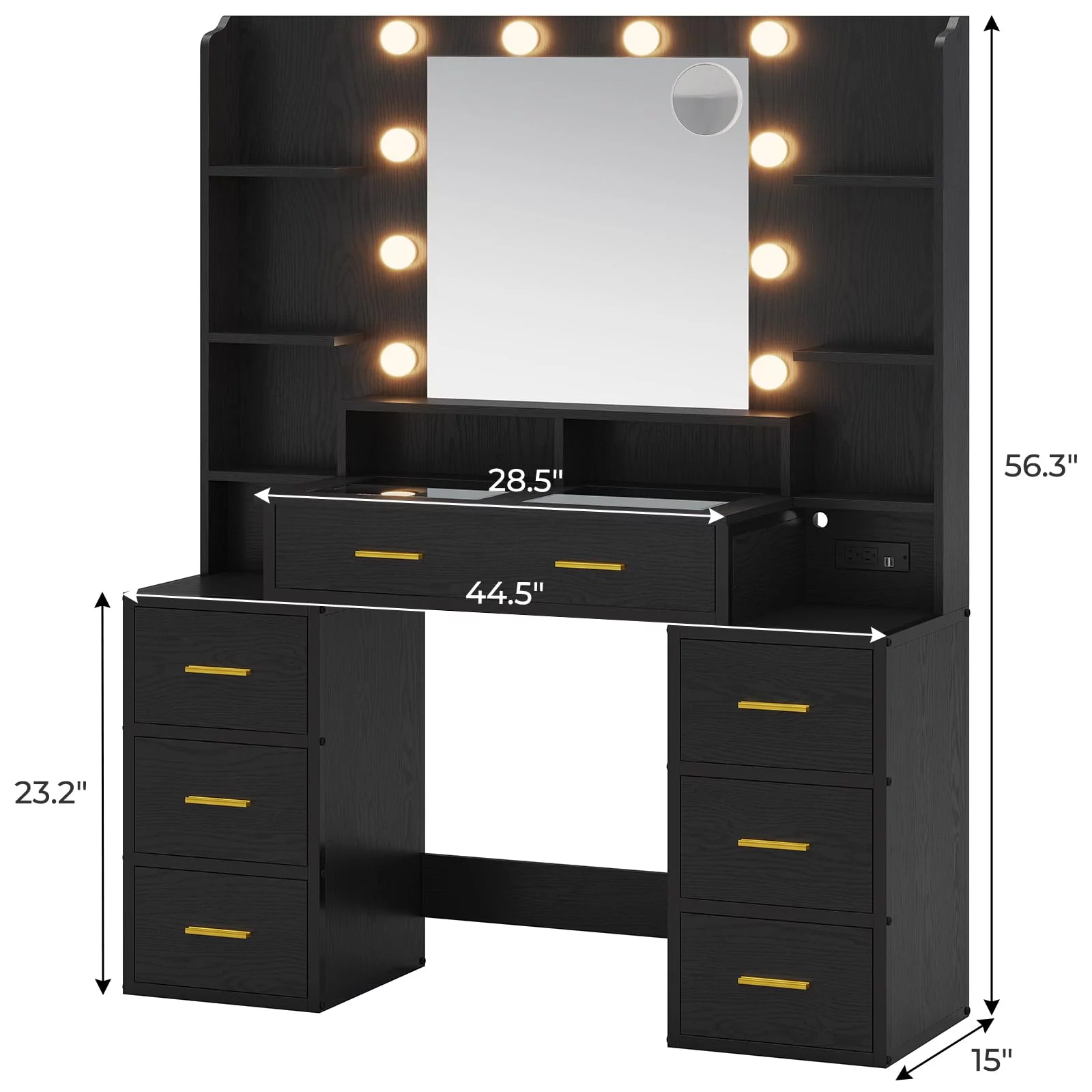 Vanity Desk with Mirror and Lights & Glass Top,Makeup Vanity with Lights & Charging Station,10x Magnifying Mirror
