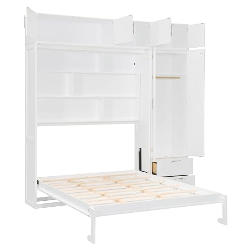 Merax Queen Size Murphy Bed with Top Cabinet, Shelves and Wardrobe, Fold into The Wall, Multifunctional Foldable Platform Bed Frame for Bedroom